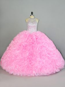 Floor Length Baby Pink Quince Ball Gowns Organza Sleeveless Beading and Ruffles