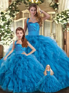 Tulle Halter Top Sleeveless Lace Up Ruffles Vestidos de Quinceanera in Blue