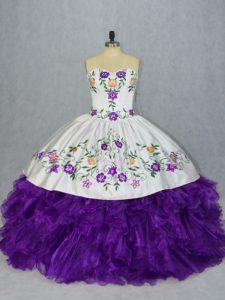 White And Purple Ball Gowns Organza Sweetheart Sleeveless Embroidery and Ruffles Floor Length Lace Up Ball Gown Prom Dress