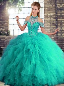 Hot Sale Turquoise Halter Top Lace Up Beading and Ruffles 15 Quinceanera Dress Sleeveless