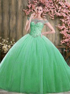 Noble Ball Gowns Quinceanera Gown Green Off The Shoulder Tulle Sleeveless Floor Length Lace Up