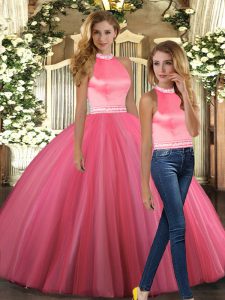 Ball Gowns Quinceanera Dress Coral Red Halter Top Tulle Sleeveless Floor Length Backless