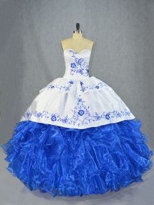 Delicate Ball Gowns Sleeveless Blue And White Quinceanera Dress Brush Train Lace Up