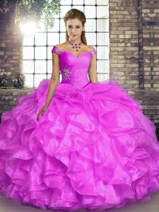 Floor Length Lace Up 15 Quinceanera Dress Lilac for Military Ball and Sweet 16 and Quinceanera with Beading and Ruffles