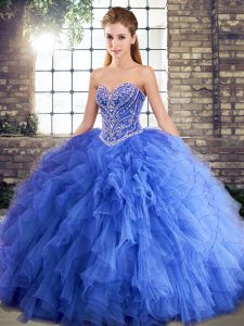 Blue Sleeveless Tulle Lace Up 15th Birthday Dress for Military Ball and Sweet 16 and Quinceanera
