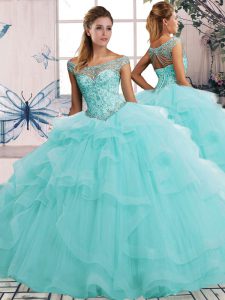 Aqua Blue Sweet 16 Dresses Military Ball and Sweet 16 and Quinceanera with Beading and Ruffles Off The Shoulder Sleeveless Lace Up