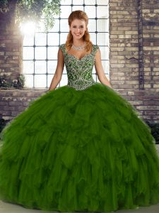 Customized Floor Length Lace Up Quince Ball Gowns Olive Green for Military Ball and Sweet 16 and Quinceanera with Beading and Ruffles