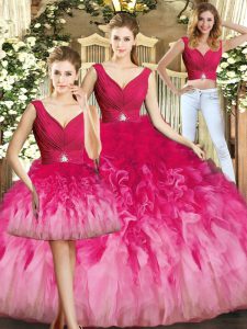 Traditional V-neck Sleeveless Lace Up Quinceanera Gowns Multi-color Tulle
