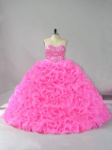 Hot Pink Ball Gowns Fabric With Rolling Flowers Sweetheart Sleeveless Beading and Ruffles Floor Length Lace Up Quinceanera Dresses
