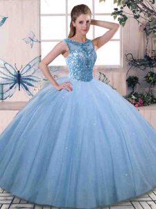 Dramatic Tulle Scoop Sleeveless Lace Up Beading Quince Ball Gowns in Blue