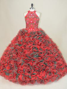 Perfect Multi-color Ball Gowns Halter Top Sleeveless Brush Train Lace Up Embroidery Quinceanera Gowns