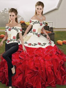 Adorable White And Red Two Pieces Organza Off The Shoulder Sleeveless Embroidery and Ruffles Floor Length Lace Up Quinceanera Gowns