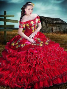 New Style Off The Shoulder Sleeveless Sweet 16 Quinceanera Dress Floor Length Embroidery and Ruffles Red Organza
