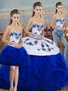 Glamorous Sweetheart Sleeveless 15th Birthday Dress Floor Length Embroidery and Ruffles and Bowknot Royal Blue Tulle