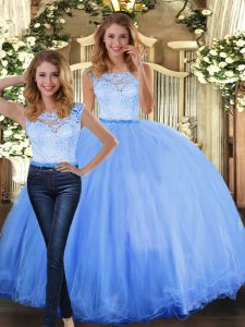 Fitting Blue Tulle Clasp Handle Sweet 16 Dresses Sleeveless Floor Length Lace