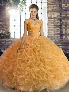 Floor Length Gold Sweet 16 Quinceanera Dress Fabric With Rolling Flowers Sleeveless Beading