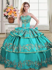 Best Aqua Blue Sweetheart Neckline Embroidery and Ruffled Layers Ball Gown Prom Dress Sleeveless Lace Up