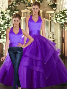 Affordable Strapless Sleeveless Sweet 16 Quinceanera Dress Floor Length Ruffled Layers Purple Tulle