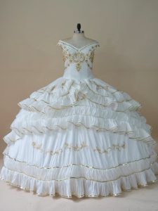 Great Off The Shoulder Sleeveless Lace Up Ball Gown Prom Dress White Taffeta