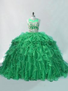 Artistic Green Two Pieces Beading and Ruffles Quinceanera Gowns Organza Sleeveless