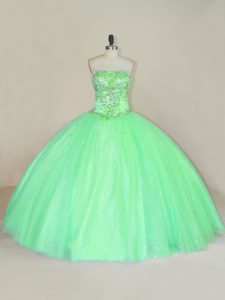 Fabulous Green Ball Gowns Beading and Sequins Quinceanera Dresses Lace Up Tulle Sleeveless Floor Length