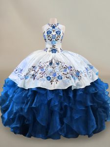 Extravagant Blue And White Sleeveless Organza Lace Up 15 Quinceanera Dress for Sweet 16 and Quinceanera