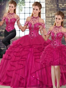 Edgy Fuchsia Quinceanera Gown Military Ball and Sweet 16 and Quinceanera with Beading and Ruffles Halter Top Sleeveless Lace Up