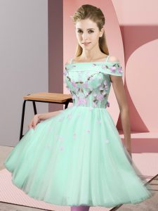 Gorgeous Apple Green Lace Up Off The Shoulder Appliques Quinceanera Court of Honor Dress Tulle Short Sleeves