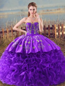 Best Selling Purple Sweetheart Lace Up Embroidery and Ruffles Quinceanera Dress Brush Train Sleeveless