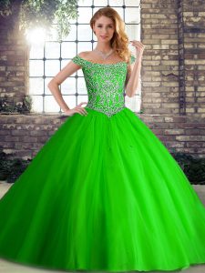 Dazzling Sleeveless Tulle Brush Train Lace Up Quinceanera Gown in Green with Beading