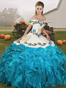 Custom Made Off The Shoulder Sleeveless Ball Gown Prom Dress Floor Length Embroidery and Ruffles Blue And White Organza