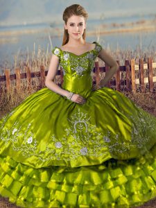 Adorable Olive Green Off The Shoulder Neckline Embroidery and Ruffled Layers Sweet 16 Quinceanera Dress Sleeveless Lace Up