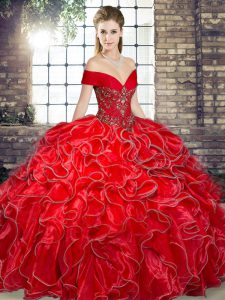 Spectacular Red Off The Shoulder Neckline Beading and Ruffles Sweet 16 Dresses Sleeveless Lace Up