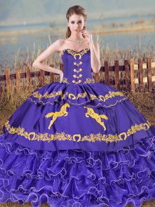 Purple Sleeveless Embroidery and Ruffled Layers Lace Up Quinceanera Gowns