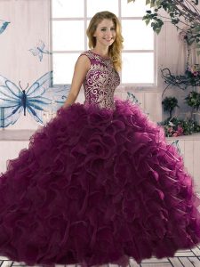 Dynamic Scoop Sleeveless Lace Up Quince Ball Gowns Dark Purple Organza
