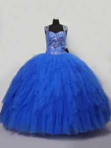 Blue Tulle Lace Up Straps Sleeveless Floor Length Quinceanera Dress Beading and Ruffles