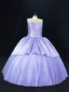 Artistic Lavender Tulle Lace Up Scoop Sleeveless Floor Length 15 Quinceanera Dress Beading