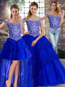 On Sale Royal Blue Sleeveless Brush Train Beading and Lace Ball Gown Prom Dress