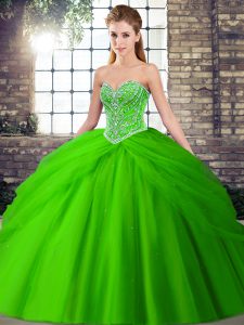 Custom Made Green Sleeveless Tulle Brush Train Lace Up 15 Quinceanera Dress for Military Ball and Sweet 16 and Quinceanera
