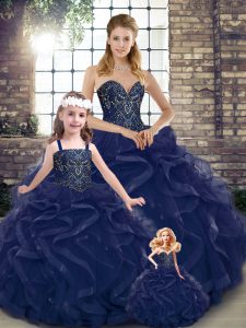 Sweetheart Sleeveless Lace Up Quince Ball Gowns Navy Blue Tulle
