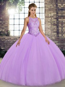 Popular Scoop Sleeveless Sweet 16 Dresses Floor Length Embroidery Lavender Tulle