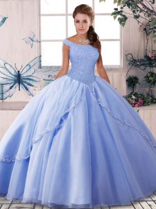 Flare Lavender Ball Gowns Off The Shoulder Sleeveless Tulle Brush Train Lace Up Beading Quinceanera Dresses