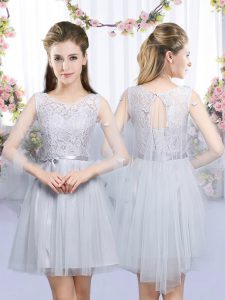Romantic Grey Tulle Lace Up Damas Dress Sleeveless Mini Length Lace and Belt
