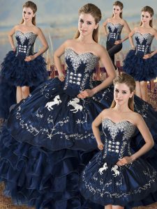 Smart Navy Blue Ball Gowns Sweetheart Sleeveless Satin and Organza Floor Length Lace Up Embroidery and Ruffles Vestidos de Quinceanera