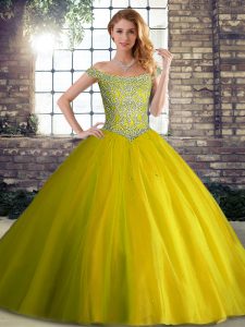Sumptuous Yellow Green Off The Shoulder Lace Up Beading Quinceanera Dresses Brush Train Sleeveless