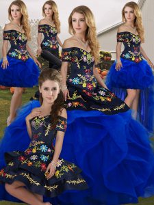 Floor Length Lace Up Sweet 16 Dresses Royal Blue for Military Ball and Sweet 16 and Quinceanera with Embroidery and Ruffles