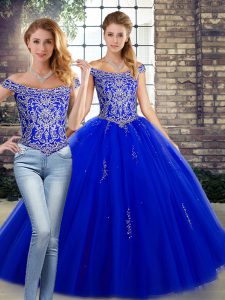 Tulle Off The Shoulder Sleeveless Lace Up Beading Quince Ball Gowns in Royal Blue