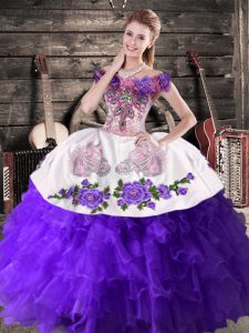 Custom Designed Purple Ball Gowns Organza Off The Shoulder Sleeveless Embroidery and Ruffles Floor Length Lace Up Vestidos de Quinceanera