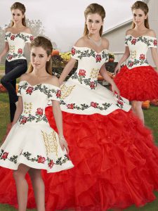 Clearance Organza Off The Shoulder Sleeveless Lace Up Embroidery and Ruffles 15 Quinceanera Dress in White And Red