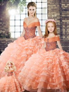 Ball Gowns Sleeveless Peach Quinceanera Gowns Brush Train Lace Up